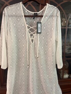 Lace-Up White Crochet Swim Coverup